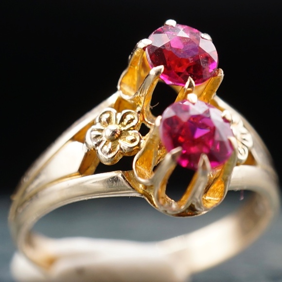 c.1900 Victorian Forget Me Not Ring 10k Gold Rubies Size 4.75